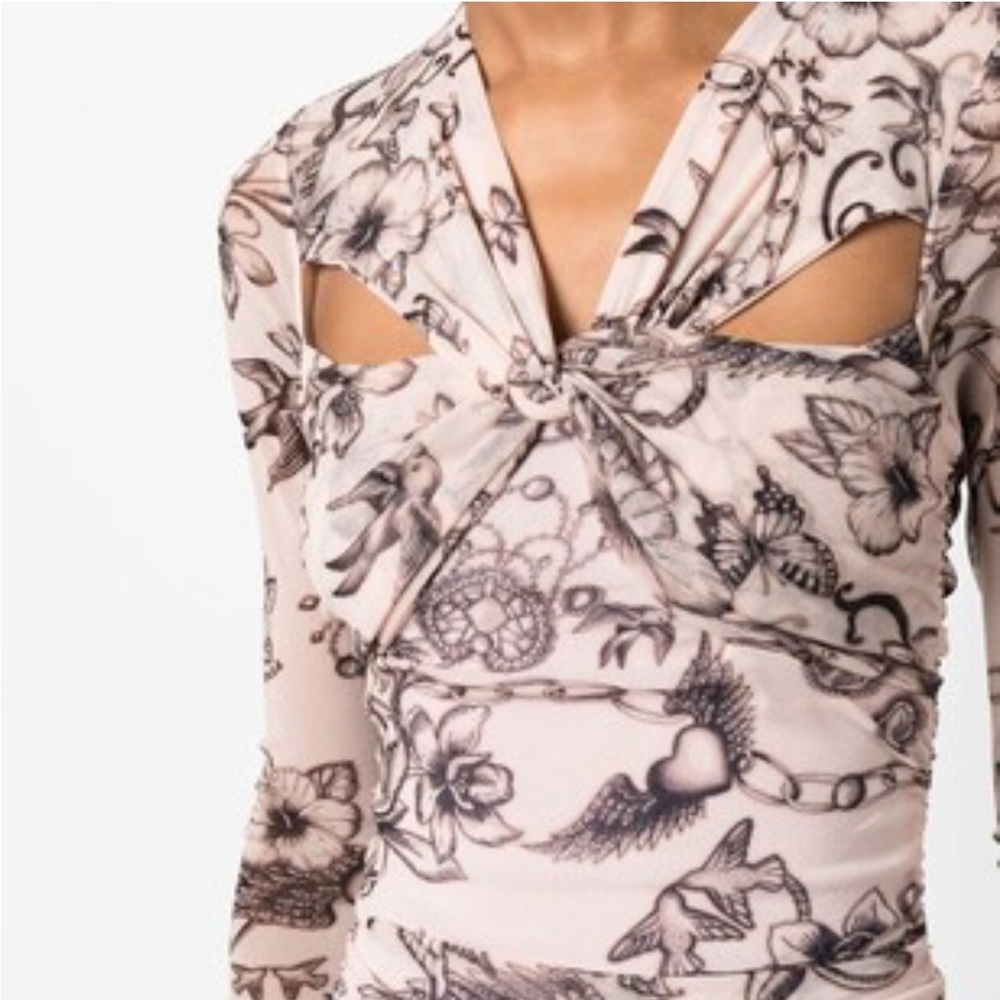 PINKO Slim Fit Tattoo Print Midi Dress ruched mesh long sleeve pink black small - Picture 3 of 13